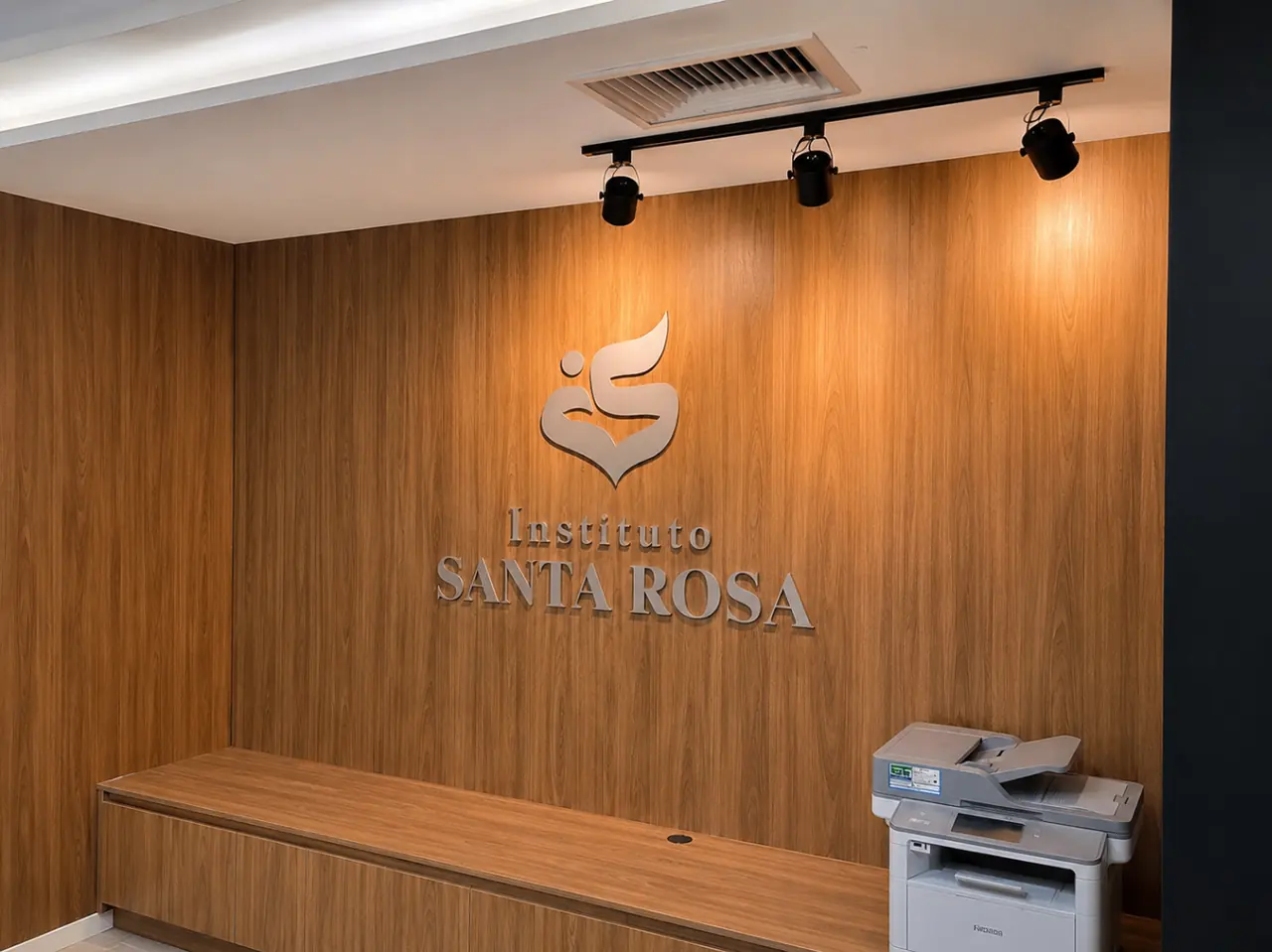 Letras caixa em painel amadeirado