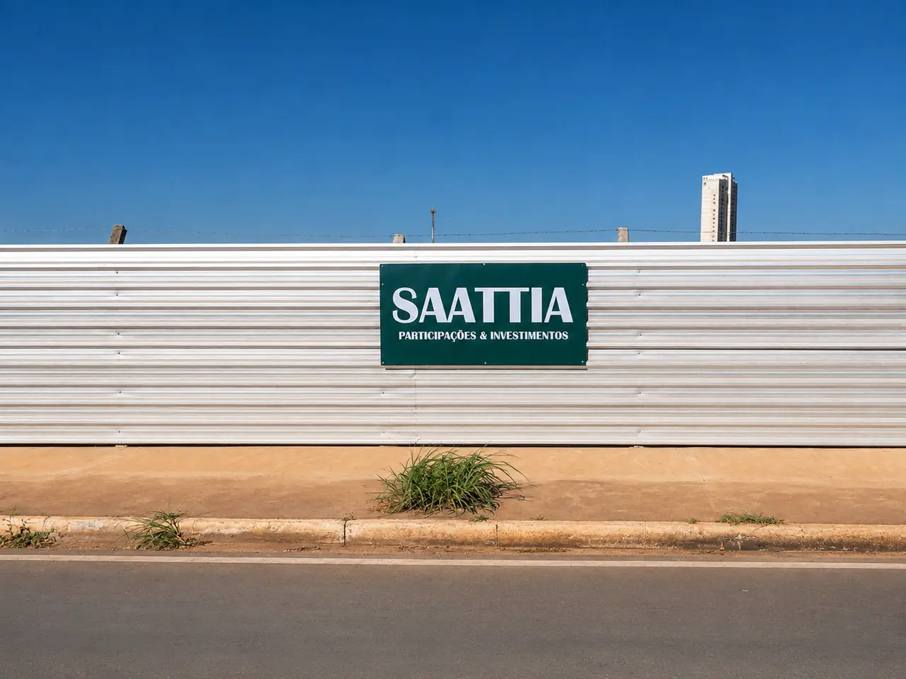 Placa institucional fixada em tapume branco