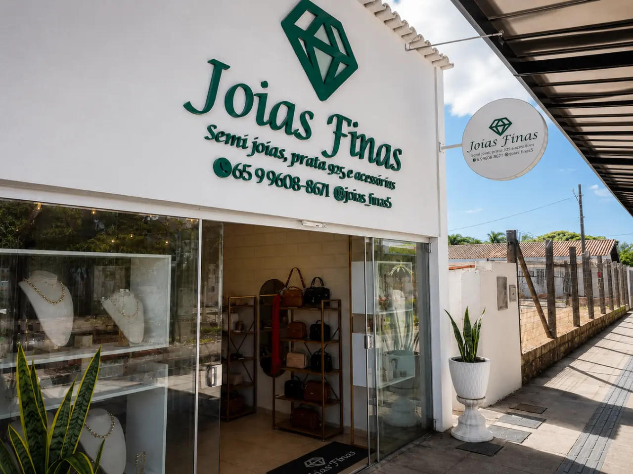 Fachada comercial em ACM branco com letras verdes