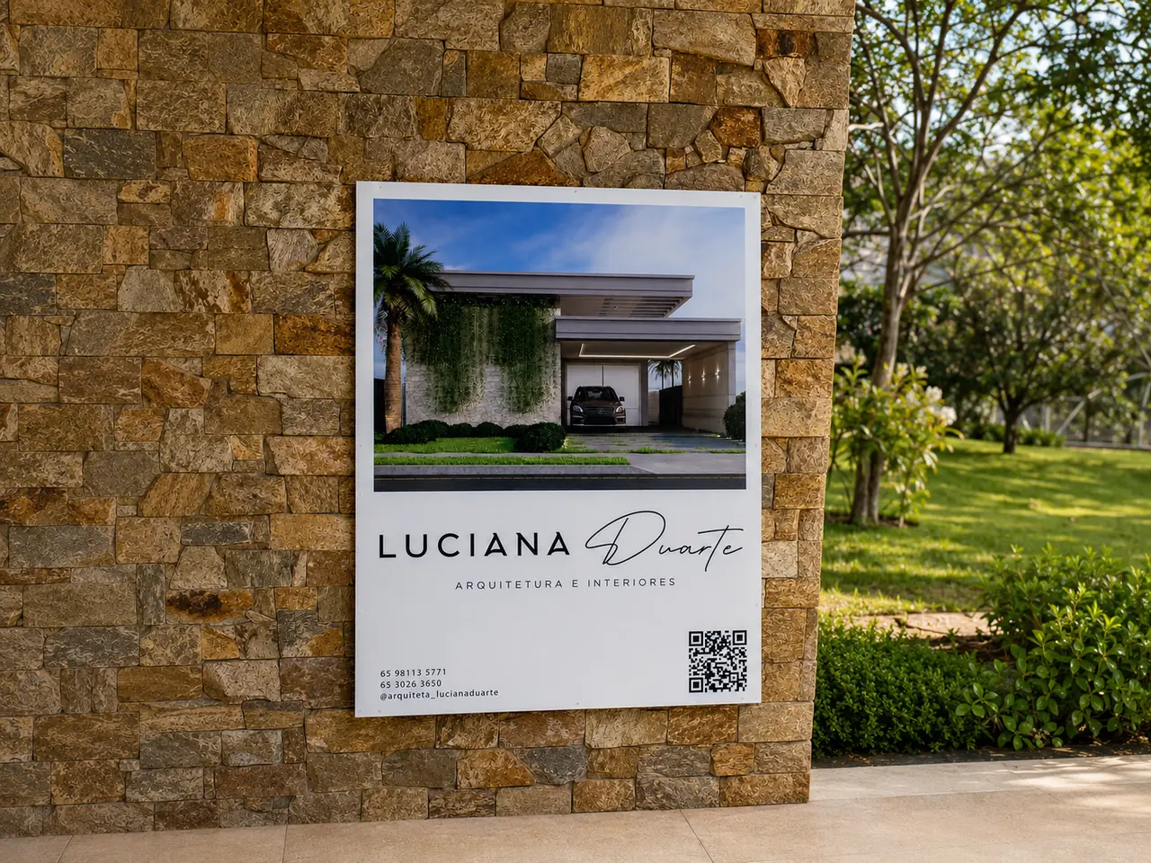 Placa de arquitetura fixada em parede de pedra