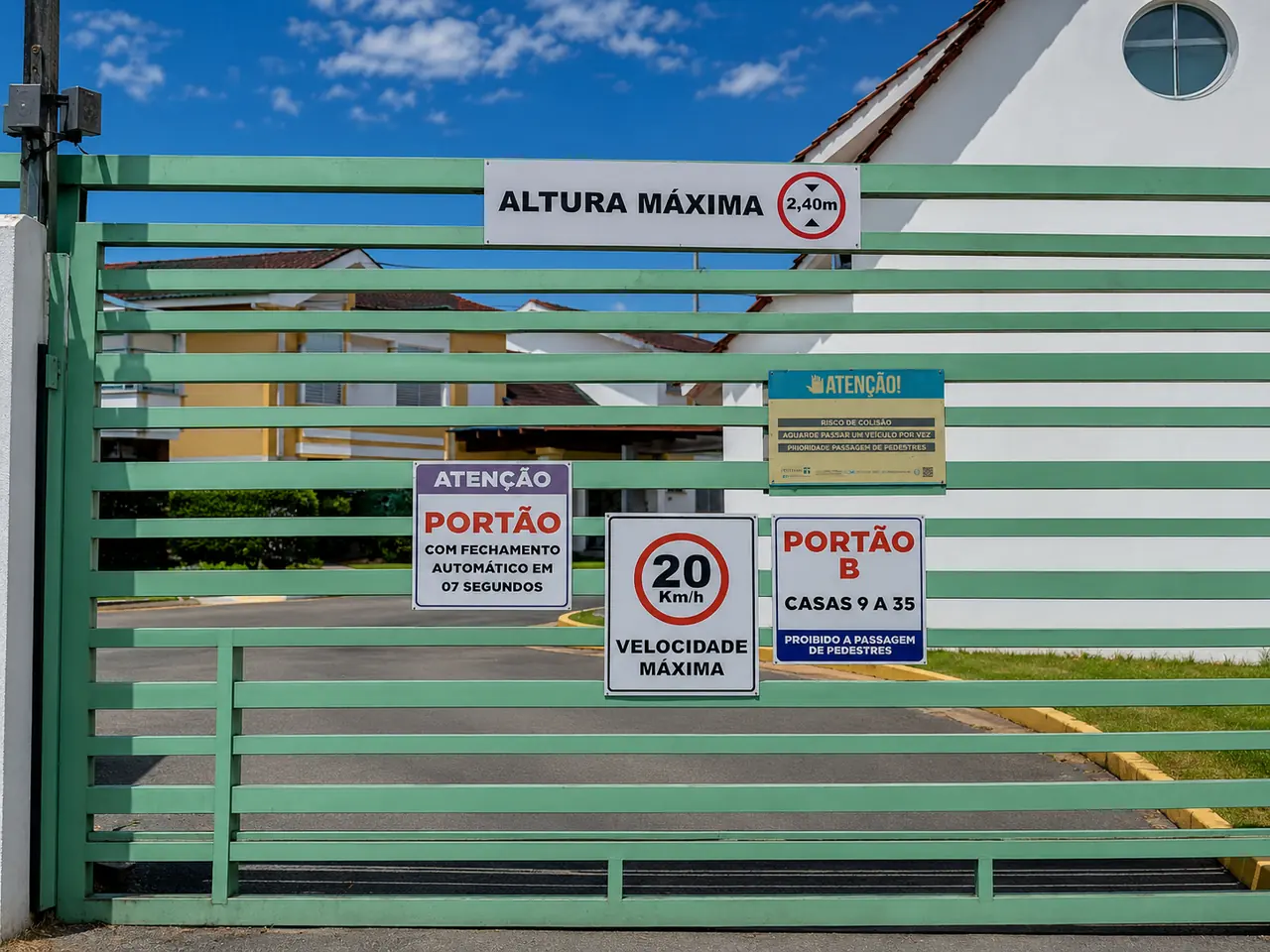 Sinalizações de segurança em portão