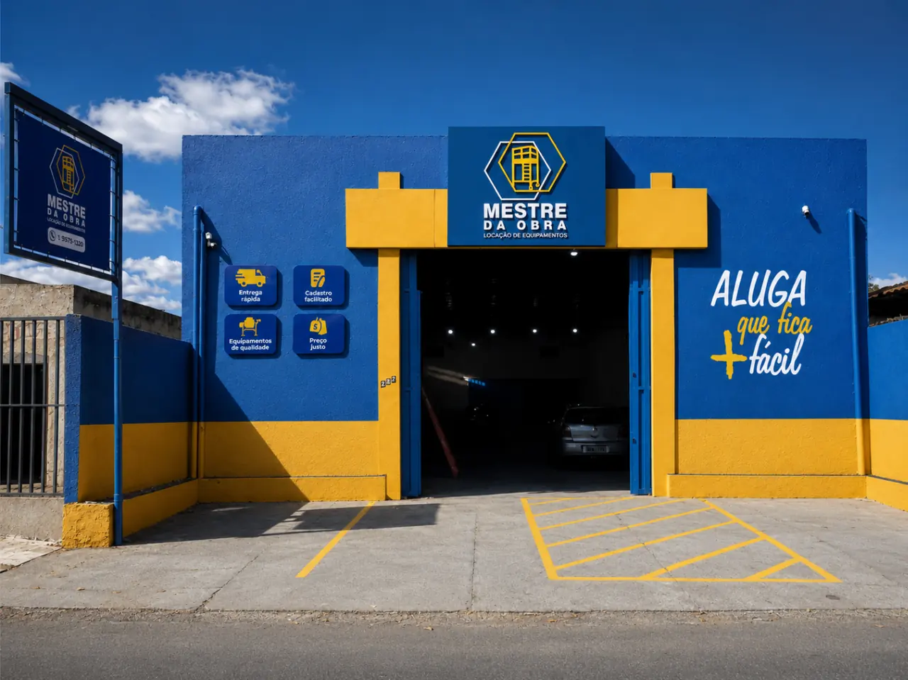 Fachada comercial em ACM azul e amarela